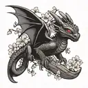 small toothless dragon flying through cherry blossom branches tattoo design idea