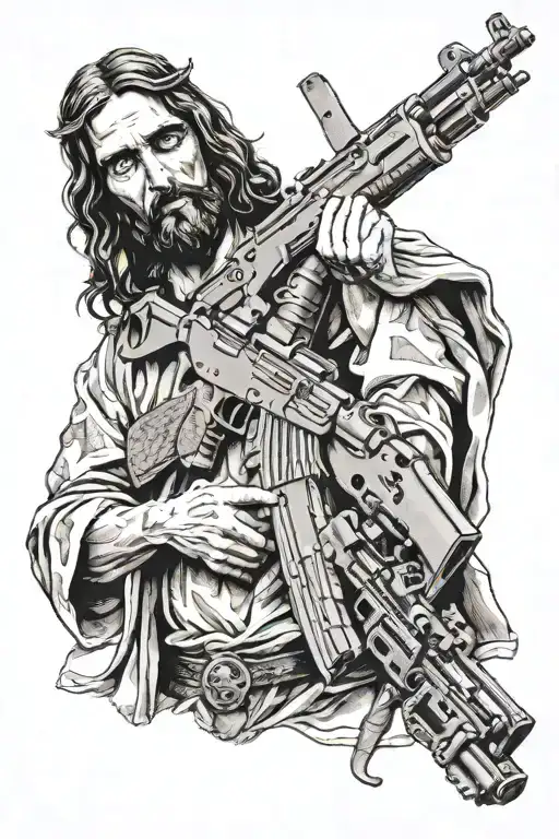 Jesus Christ holding a ak 47 rifle crossed tattoo design idea