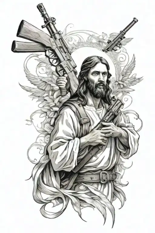 Jesus Christ holding a ak 47 rifle crossed tattoo design idea