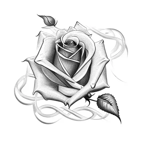 Create a tattoo of a rose intertwined with a delicate cross, incorporating subtle engraved scroll work details tattoo design idea