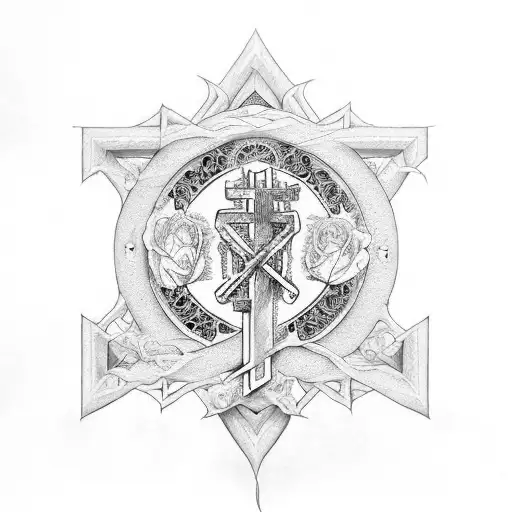 Incorporate a Bible verse within a cross design, surrounded by intricate rose and scroll work details tattoo design idea