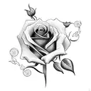 Create a tattoo of a rose intertwined with a delicate cross, incorporating subtle engraved scroll work details tattoo design idea