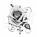 Create a tattoo of a rose intertwined with a delicate cross, incorporating subtle engraved scroll work details tattoo design idea