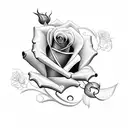 Create a tattoo of a rose intertwined with a delicate cross, incorporating subtle engraved scroll work details tattoo design idea