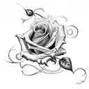 Create a tattoo of a rose intertwined with a delicate cross, incorporating subtle engraved scroll work details tattoo design idea
