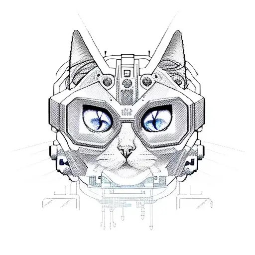 A cybernetic cat with pixel art-inspired electronics tattoo design idea