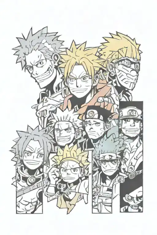 anime one piece, re:zero, steins gate, jujutsu kaisen, naruto inspired sleeve tattoo tattoo design idea