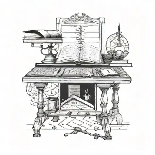 BLACK AND GREY table with papers of genetic symbols DNA double helix medical   books  tattoo design idea