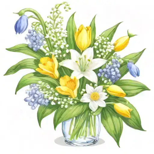 flower bouquet with snowdrop, two Violets, Daisy, Lily of the valley, two water lily's and daffodils make it fine lined  tattoo design idea