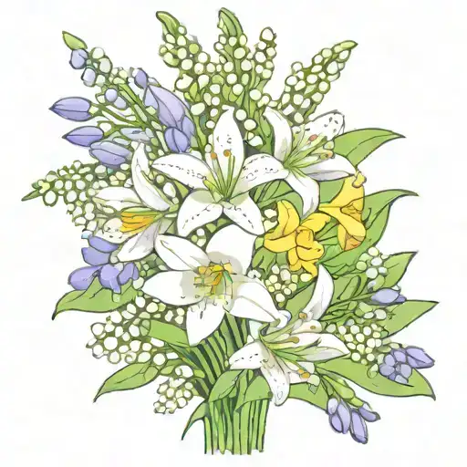 flower bouquet with snowdrop, two Violets, Daisy, Lily of the valley, two water lily's and daffodils make it fine lined  tattoo design idea
