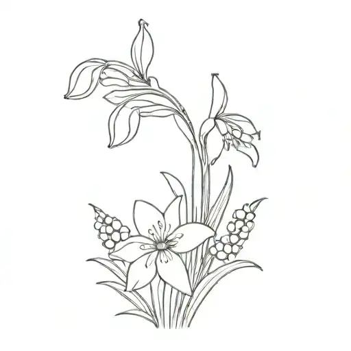 flower bouquet snowdrop, two Violets, Daisy, Lily of the valley, two water lily's and a daffodil  tattoo design idea