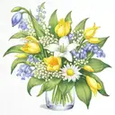 flower bouquet with snowdrop, two Violets, Daisy, Lily of the valley, two water lily's and daffodils make it fine lined  tattoo design idea