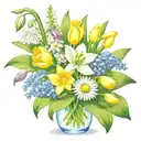 flower bouquet with snowdrop, two Violets, Daisy, Lily of the valley, two water lily's and daffodils make it fine lined  tattoo design idea