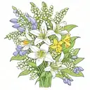 flower bouquet with snowdrop, two Violets, Daisy, Lily of the valley, two water lily's and daffodils make it fine lined  tattoo design idea