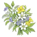 flower bouquet with snowdrop, two Violets, Daisy, Lily of the valley, two water lily's and daffodils make it fine lined  tattoo design idea