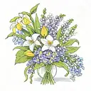 flower bouquet with snowdrop, two Violets, Daisy, Lily of the valley, two water lily's and daffodils make it fine lined  tattoo design idea