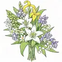 flower bouquet with snowdrop, two Violets, Daisy, Lily of the valley, two water lily's and daffodils make it fine lined  tattoo design idea