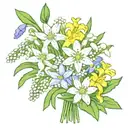 flower bouquet with snowdrop, two Violets, Daisy, Lily of the valley, two water lily's and daffodils make it fine lined  tattoo design idea