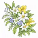 flower bouquet with snowdrop, two Violets, Daisy, Lily of the valley, two water lily's and daffodils make it fine lined  tattoo design idea