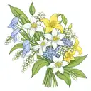flower bouquet with snowdrop, two Violets, Daisy, Lily of the valley, two water lily's and daffodils make it fine lined  tattoo design idea