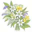 flower bouquet with snowdrop, two Violets, Daisy, Lily of the valley, two water lily's and daffodils make it fine lined  tattoo design idea