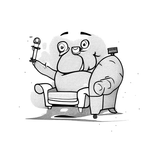 potato cartoon character sitting on a couch. he's high with a bong on the floor. outline tattoo design idea