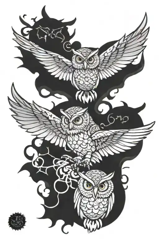 owls with witch craft flying dragon tattoo design idea