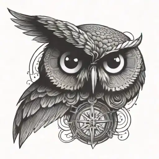 An owl with mystical symbols and a third eye, symbolizing meditation and witchcraft tattoo design idea