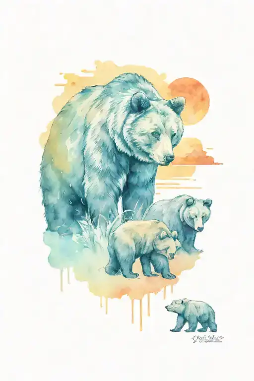 papa bear and 2 cubs near water st sunset scene tattoo design idea