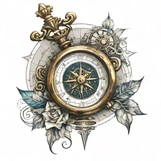 Compass rose and a clock on maps tattoo design idea