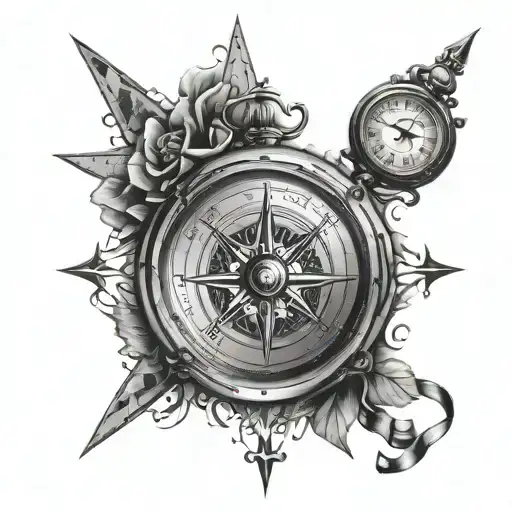Compass rose and a clock on maps tattoo design idea