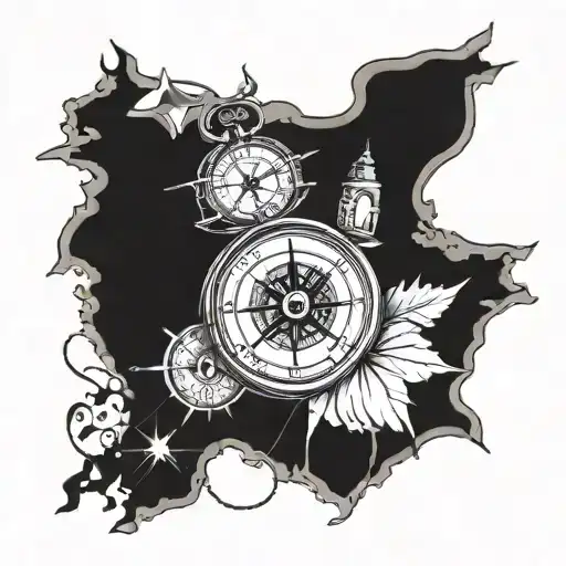 Compass rose and a clock on maps tattoo design idea