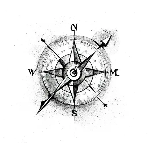 Arrow with compass in the middle and mountain backround tattoo design idea