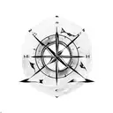 Arrow with compass in the middle and mountain backround tattoo design idea