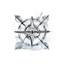 Arrow with compass in the middle and mountain backround tattoo design idea