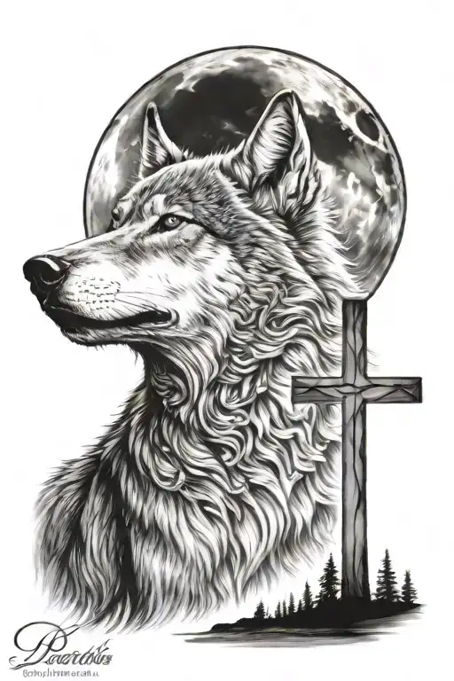 cross with wolf howling at the moon tattoo design idea