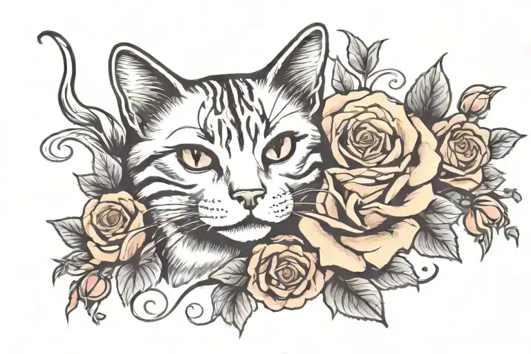 cat, roses, in memory tattoo design idea