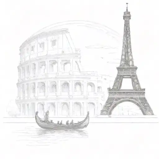 gondola and Eiffel Tower inside Roman Coloseum  tattoo design idea