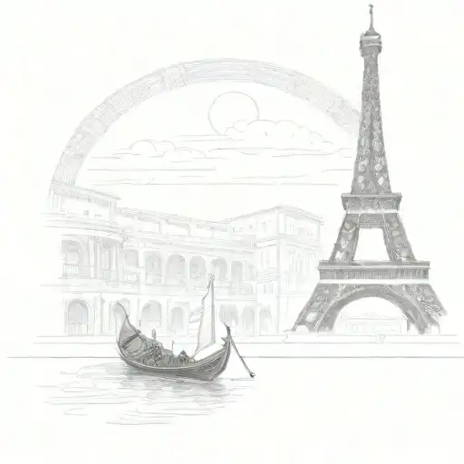 gondola and Eiffel Tower inside Roman Coloseum  tattoo design idea