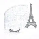 gondola and Eiffel Tower inside Roman Coloseum  tattoo design idea