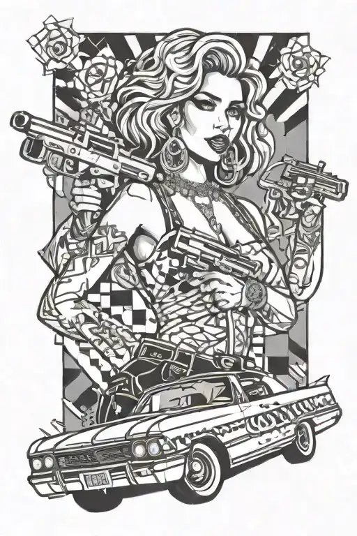 Chicana with a gun in her hands, a convertible lowrider car and dollars tattoo design idea