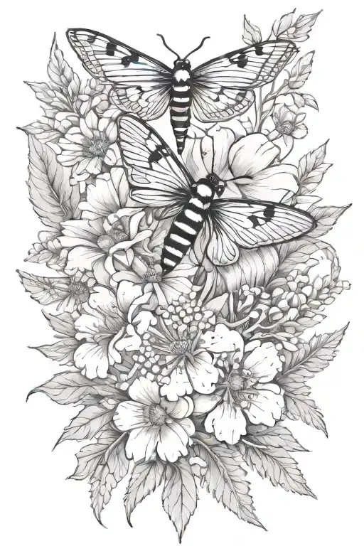 larkspur marigold cosmso flower bouquet with a moth and a dragonfly and a lady bug tattoo design idea