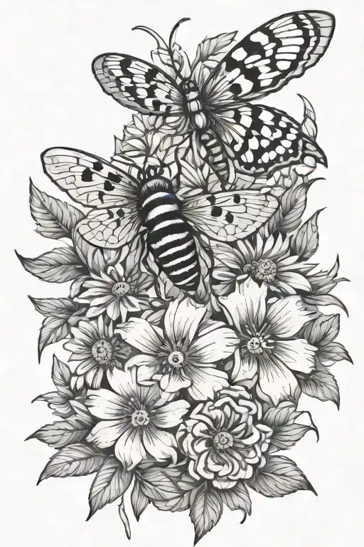 larkspur marigold cosmso flower bouquet with a moth and a dragonfly and a lady bug tattoo design idea