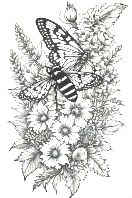 larkspur marigold cosmso flower bouquet with a moth and a dragonfly and a lady bug tattoo design idea