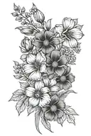 larkspur and marigold and cosmos flower bouquet with birthday tattoo design idea