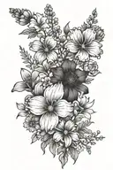 larkspur and marigold and cosmos flower bouquet with birthday tattoo design idea