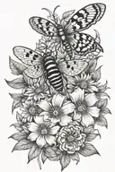 larkspur marigold cosmso flower bouquet with a moth and a dragonfly and a lady bug tattoo design idea