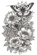 larkspur marigold cosmso flower bouquet with a moth and a dragonfly and a lady bug tattoo design idea