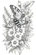 larkspur marigold cosmso flower bouquet with a moth and a dragonfly and a lady bug tattoo design idea