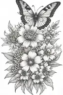 larkspur marigold cosmso flower bouquet with a moth and a dragonfly and a lady bug tattoo design idea